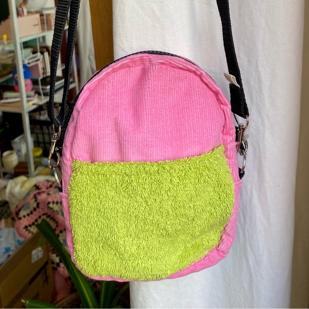 Small Crossbody bag in pink and blue corduroy with a green terry fabric